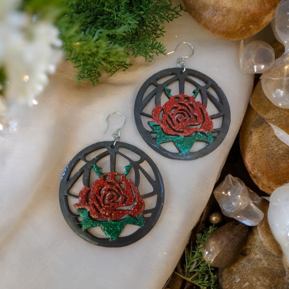 Handcrafted Rose Glittered Earrings